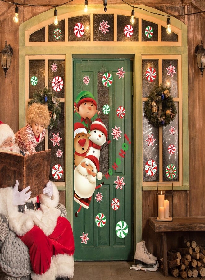 وولاين ملصقات أبواب عيد الميلاد من Whaline، مزينة برسومات سانتا، رجل الثلج، الأيل، الحلوى، ندفة الثلج، ملصقات جدارية كبيرة لعيد الميلاد لتزيين المنزل الشتوي، الثلاجة، باب المرآب، الجدار، النافذة، 11.8 × 35.4 بوصة، قطعتان - Image 4