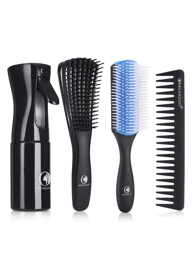 O BRUSHZOO Hair Brush Set, Includes Detangling Brush, Classic 9 Row Brush, Wide Tooth Comb Brush, Hair Spray Bottle - For Women Men Kids Curly Hair - Image 1