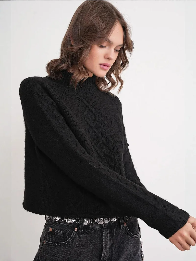Mixray Black Mixray Argyle Half-Turtleneck Ribbed Knit Sweater for Women | Best Price UAE
