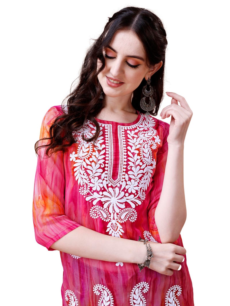 EthnicJunction Georgette Women's Geogette Chikankari Embroidery Straight Kurta |Summer Kurti | Short Kurti for Women | Top for Office | Women's Tunics Tops | Kurta Shirt Top | Regular Fit Top Pink - Image 1