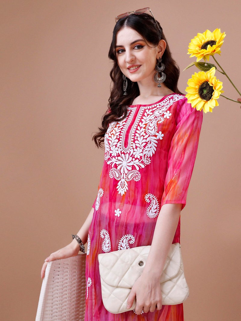 EthnicJunction Georgette Women's Geogette Chikankari Embroidery Straight Kurta |Summer Kurti | Short Kurti for Women | Top for Office | Women's Tunics Tops | Kurta Shirt Top | Regular Fit Top Pink - Image 2