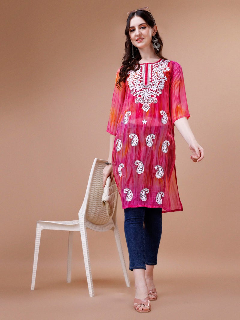 EthnicJunction Georgette Women's Geogette Chikankari Embroidery Straight Kurta |Summer Kurti | Short Kurti for Women | Top for Office | Women's Tunics Tops | Kurta Shirt Top | Regular Fit Top Pink - Image 3
