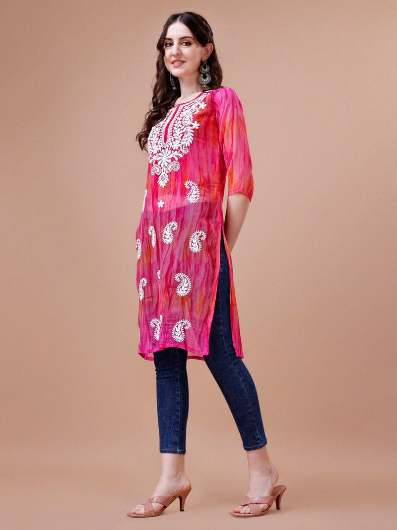 EthnicJunction Georgette Women's Geogette Chikankari Embroidery Straight Kurta |Summer Kurti | Short Kurti for Women | Top for Office | Women's Tunics Tops | Kurta Shirt Top | Regular Fit Top Pink - Image 4