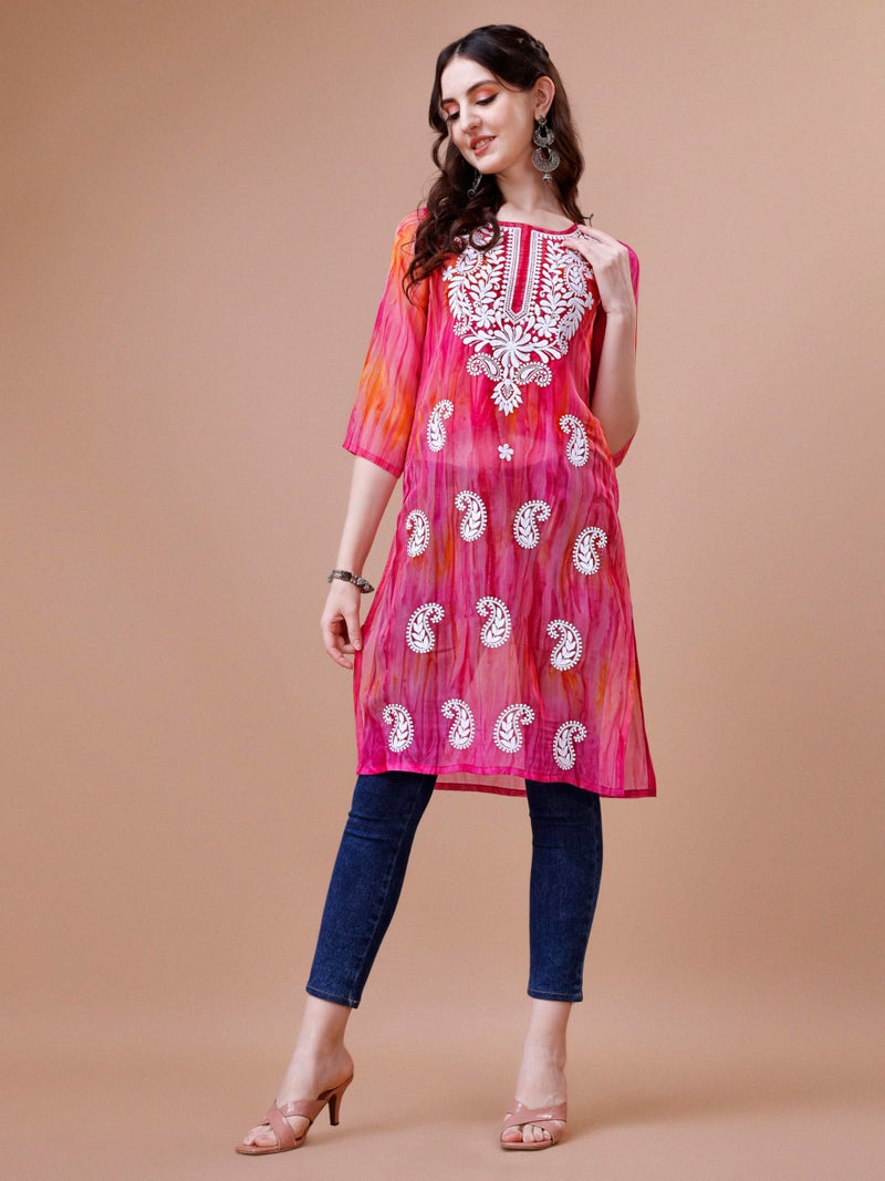 EthnicJunction Georgette Women's Geogette Chikankari Embroidery Straight Kurta |Summer Kurti | Short Kurti for Women | Top for Office | Women's Tunics Tops | Kurta Shirt Top | Regular Fit Top Pink - Image 5