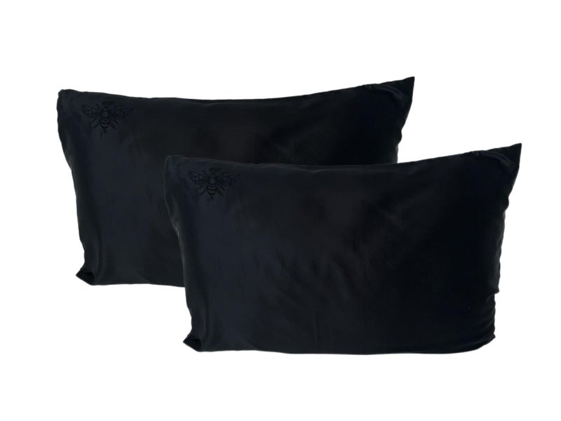 QUEEN BEE SILK  2 Pack Silk Pillowcase for Hair and Skin  22 Momme Mulberry Silk  Charmeuse Weave  Envelope Closure  Standard Size  Black