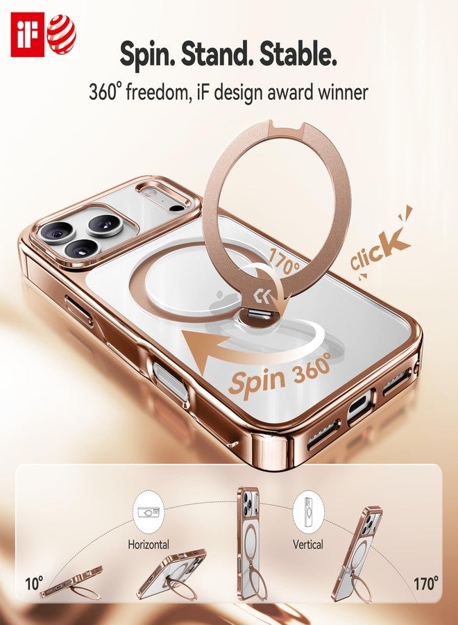 جراب CASEKOO باللون الذهبي الوردي اللامع المصمم لهاتف iPhone 17 Pro مع حامل مغناطيسي يدور 360 درجة [مناسب لـ MagSafe] [حماية عسكرية 17 قدمًا] جراب نحيف مصقول لهاتف iPhone 17 Pro مع حامل 6.3 بوصة، ذهبي وردي - Image 3