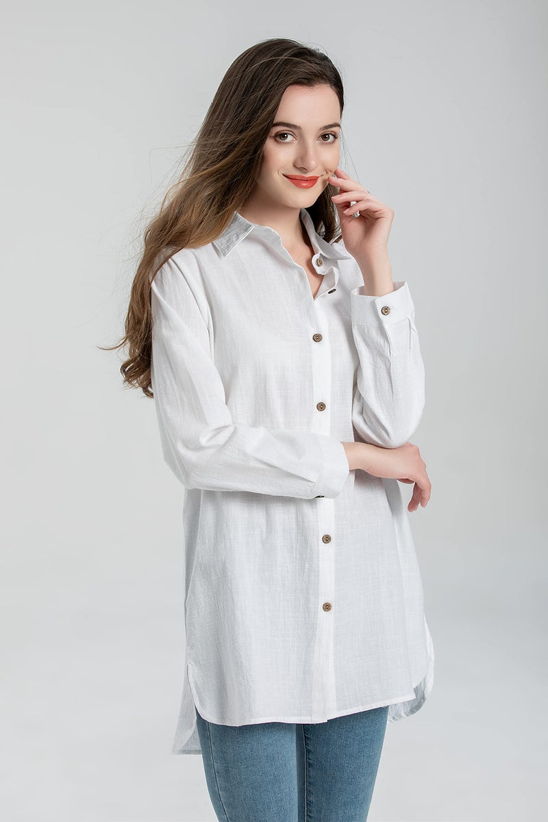 Minibee Women's Cotton Shirts Tunics Hi Low Tops Boyfriend Button Down Blouse White M - Image 3