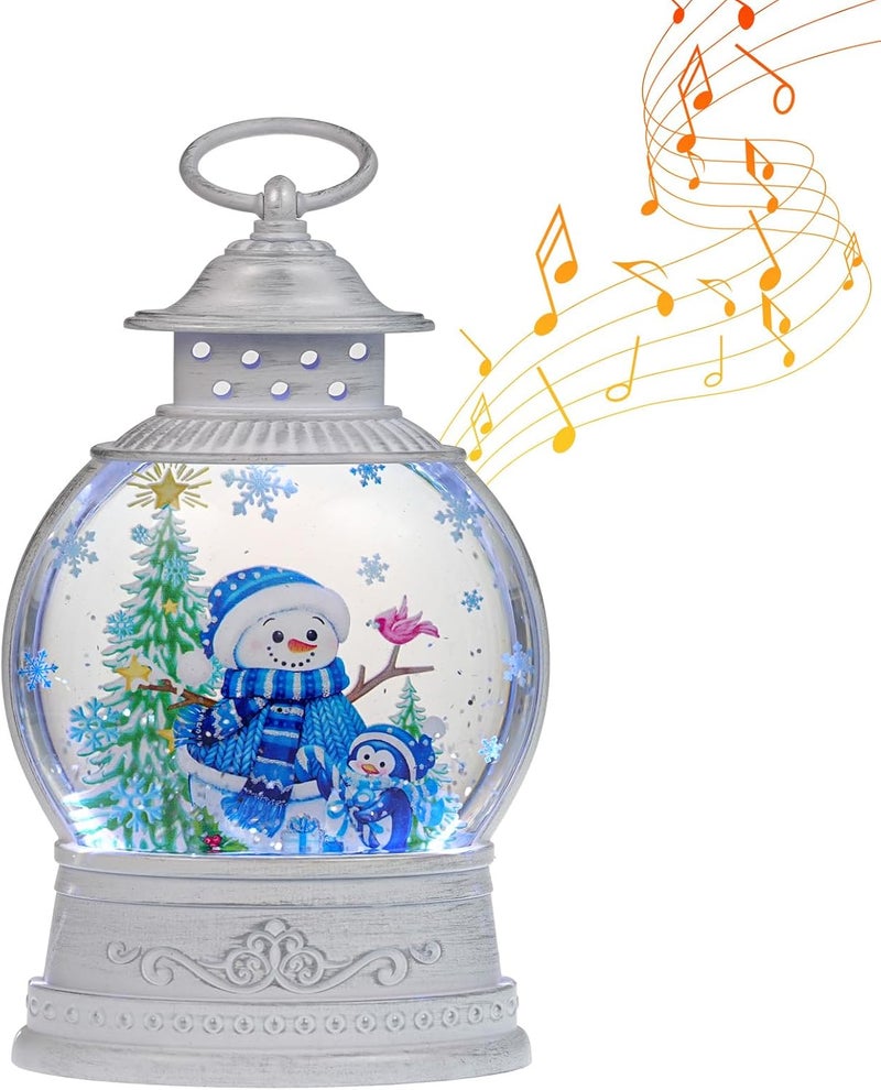 PestiLite Christmas Snow Globes Lantern, Lighted Blue Snowman Decor with Music Timer Swirling Glitter Snow Globe Penguin Christmas Tree, USB or Battery Operated - Image 1
