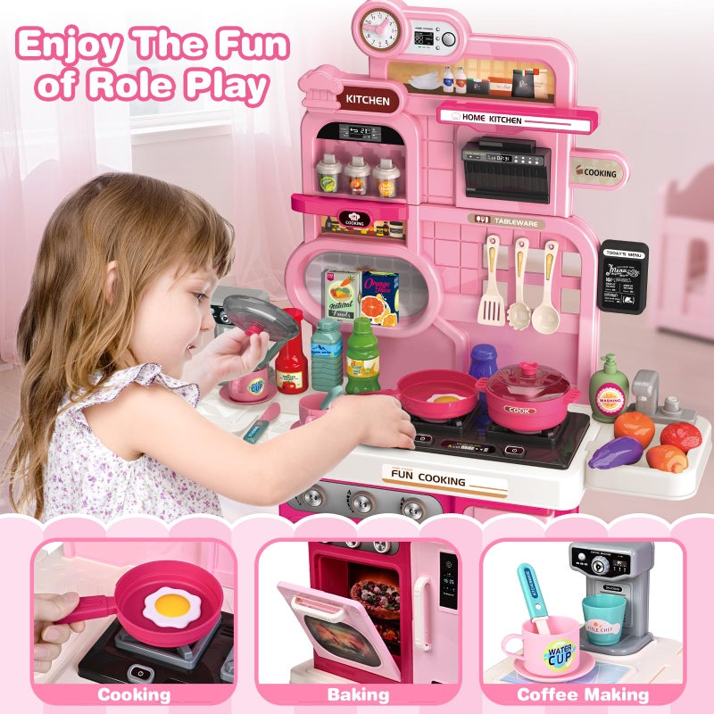 Letapapa Play Kitchen Set, Kids Kitchen Playset with Realistic Sound & Light, Cooking Stove, Sink, Play Food and Accessories, 57 Pcs Kitchen Toys Gifts for Toddlers 2-4 3-5 Girls (Pink) - Image 5