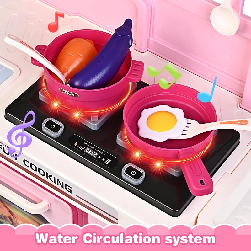 Letapapa Play Kitchen Set, Kids Kitchen Playset with Realistic Sound & Light, Cooking Stove, Sink, Play Food and Accessories, 57 Pcs Kitchen Toys Gifts for Toddlers 2-4 3-5 Girls (Pink) - Image 3