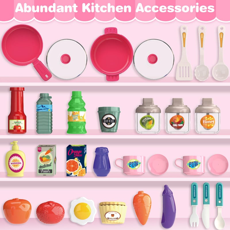 Letapapa Play Kitchen Set, Kids Kitchen Playset with Realistic Sound & Light, Cooking Stove, Sink, Play Food and Accessories, 57 Pcs Kitchen Toys Gifts for Toddlers 2-4 3-5 Girls (Pink) - Image 2