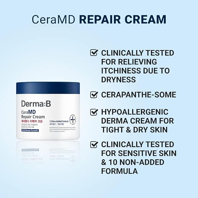 DERMA B CeraMD Repair Body Cream, Unscented Moisturizer for Dry and Rough Skin, Relieves Itchiness due to Dryness, Fragrance Free, 14.54 Fl. Oz., 430ml - Image 2