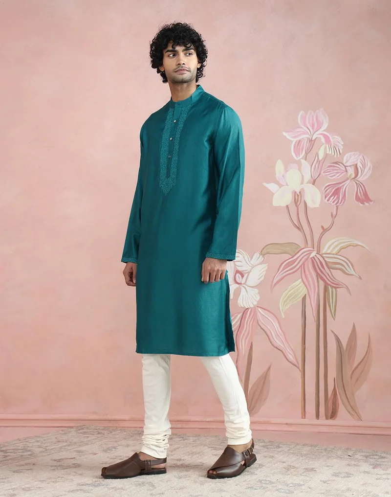 Fabindia  Teal Viscose Silk Long Kurta for Men | Best Price UAE