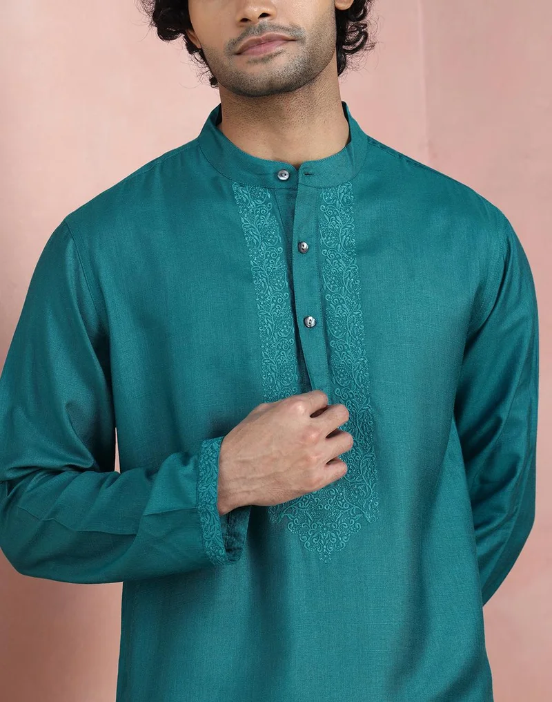 Fabindia  Teal Viscose Silk Long Kurta for Men | Best Price UAE