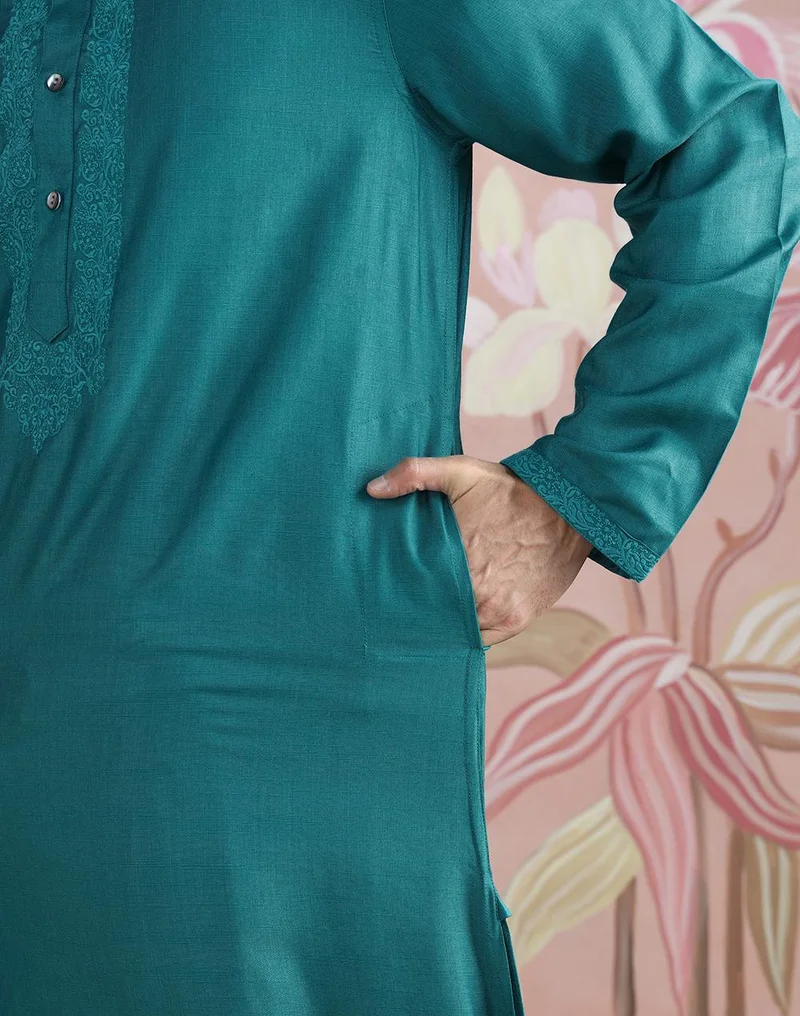 Fabindia  Teal Viscose Silk Long Kurta for Men | Best Price UAE