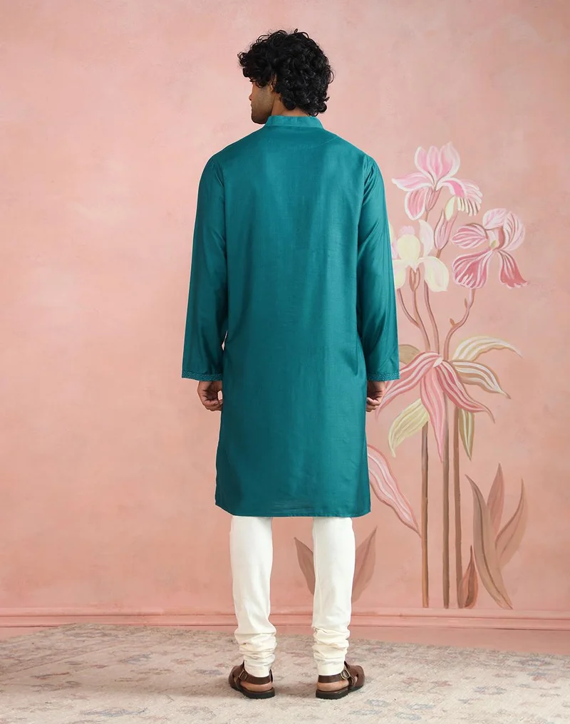 Fabindia  Teal Viscose Silk Long Kurta for Men | Best Price UAE