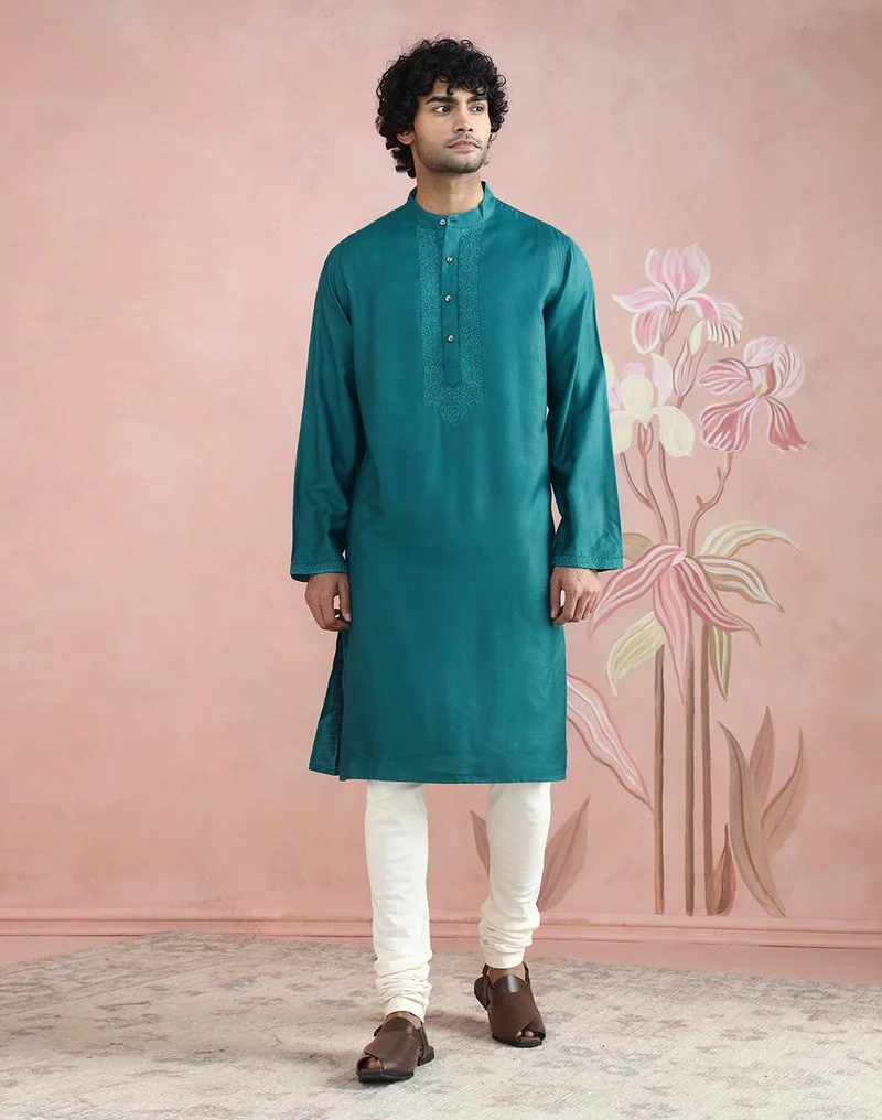 فاب انديا Teal Viscose Silk Long Kurta