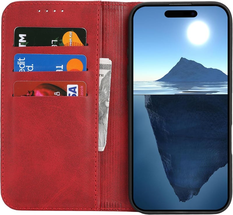 iCoverCase for iPhone 16 Wallet Case with Card Holder, PU Leather Magnetic Kickstand Feature Shockproof Protective Flip Cover Case - Red - Image 2