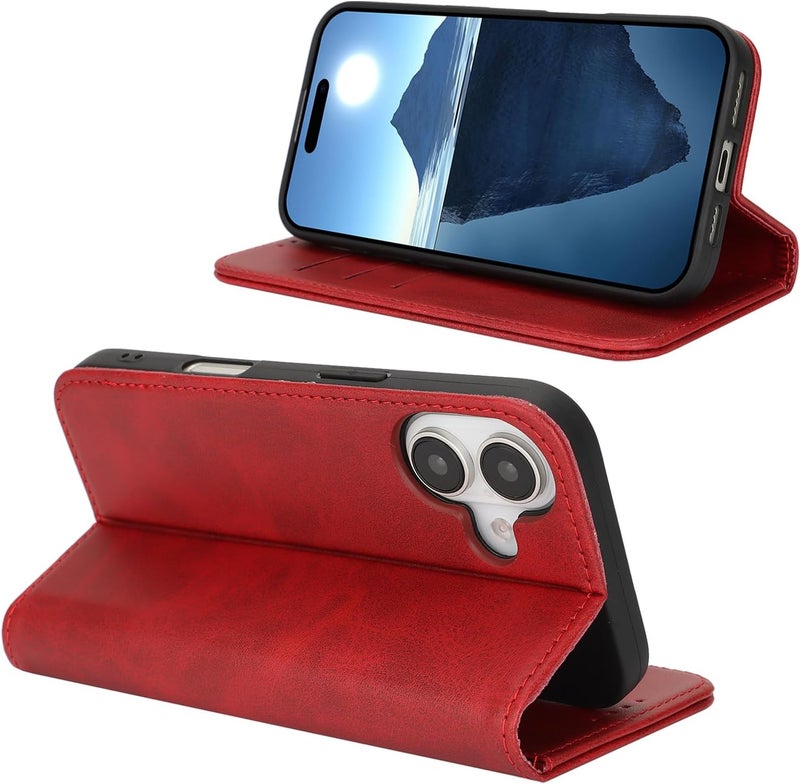 iCoverCase for iPhone 16 Wallet Case with Card Holder, PU Leather Magnetic Kickstand Feature Shockproof Protective Flip Cover Case - Red - Image 3