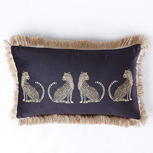 vctops Leopard Printed Throw Pillow Cover with Tassels Super Soft Velvet Animal Pattern Decorative Rectangle Cushion Case Pillowcase Black 12x20 - Image 1