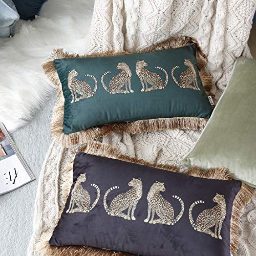 vctops Leopard Printed Throw Pillow Cover with Tassels Super Soft Velvet Animal Pattern Decorative Rectangle Cushion Case Pillowcase Black 12x20 - Image 3