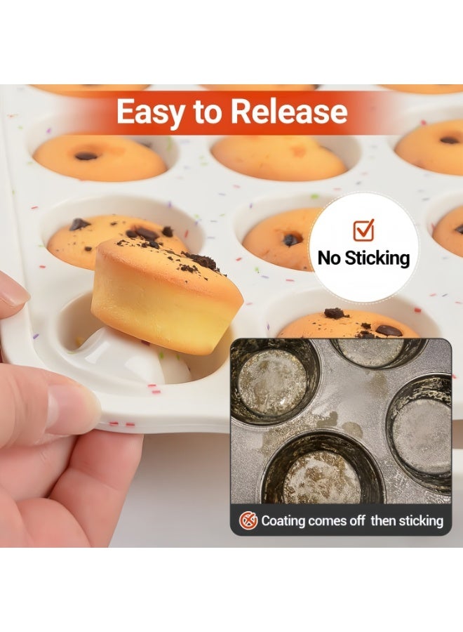 Silicone Mini Muffin Pan with Metal Reinforced Frame, 24-Cup Non-Stick Silicone Cupcake Pan, BPA Free & Dishwasher Safe, Durable Rainbow Spots Design – Beige - Image 3