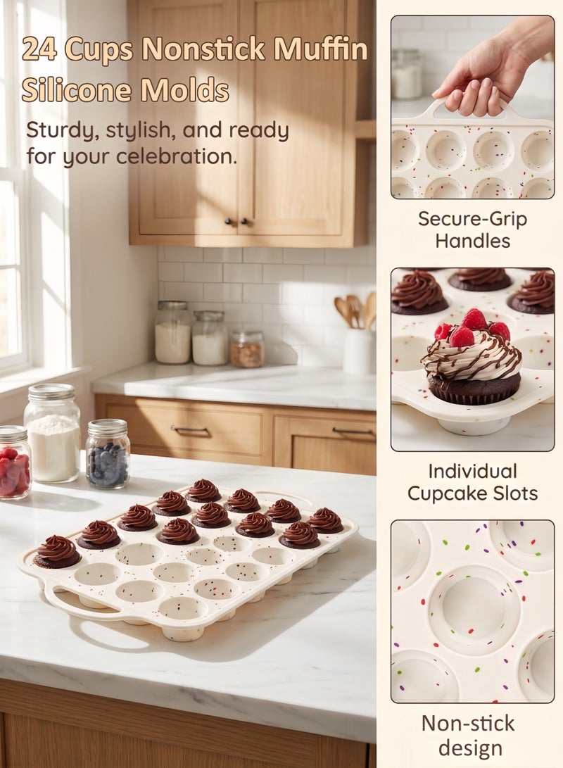 Silicone Mini Muffin Pan with Metal Reinforced Frame, 24-Cup Non-Stick Silicone Cupcake Pan, BPA Free & Dishwasher Safe, Durable Rainbow Spots Design – Beige - Image 1