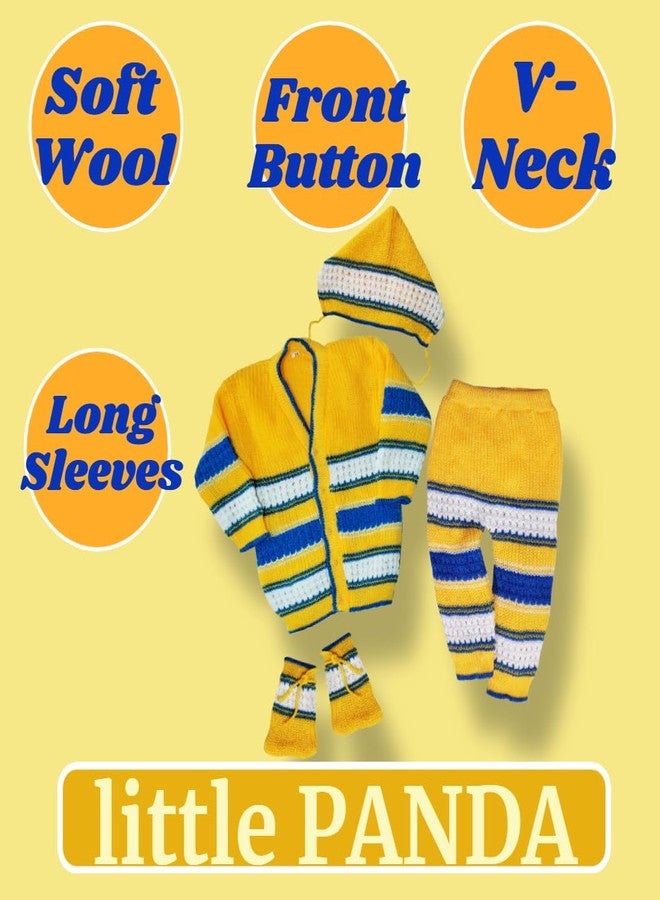 little PANDA Baby Sweater for Baby Boys & Baby Girls Woollen Full Sleeves, V Neck Sweater Top, Bottom, Cap & Booties Set (12-18 Months, Yellow) - Image 2