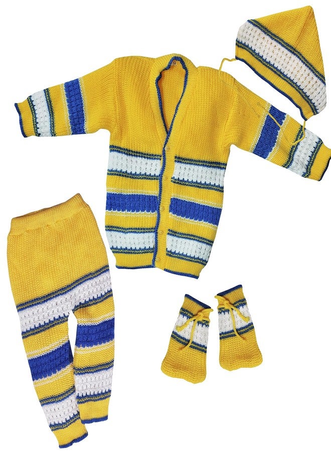little PANDA Baby Sweater for Baby Boys & Baby Girls Woollen Full Sleeves, V Neck Sweater Top, Bottom, Cap & Booties Set (12-18 Months, Yellow) - Image 1