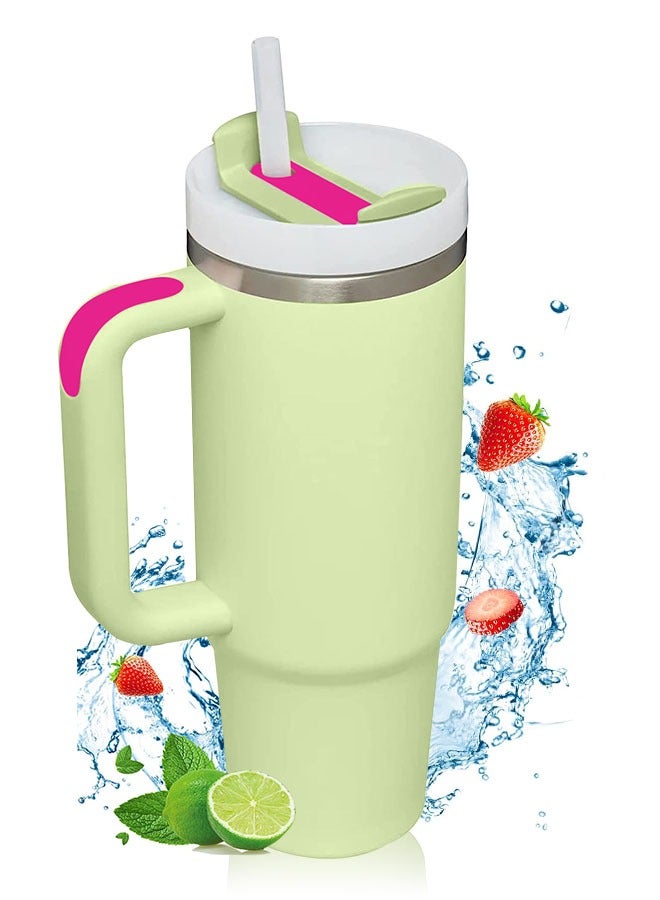 روییيس كوب سفر معزول سعة 40 أونصة مزود بمقبض وقش، كوب ترمس خوائي مزدوج الجدار من الفولاذ المقاوم للصدأ يحافظ على المشروبات باردة وساخنة - Image 1