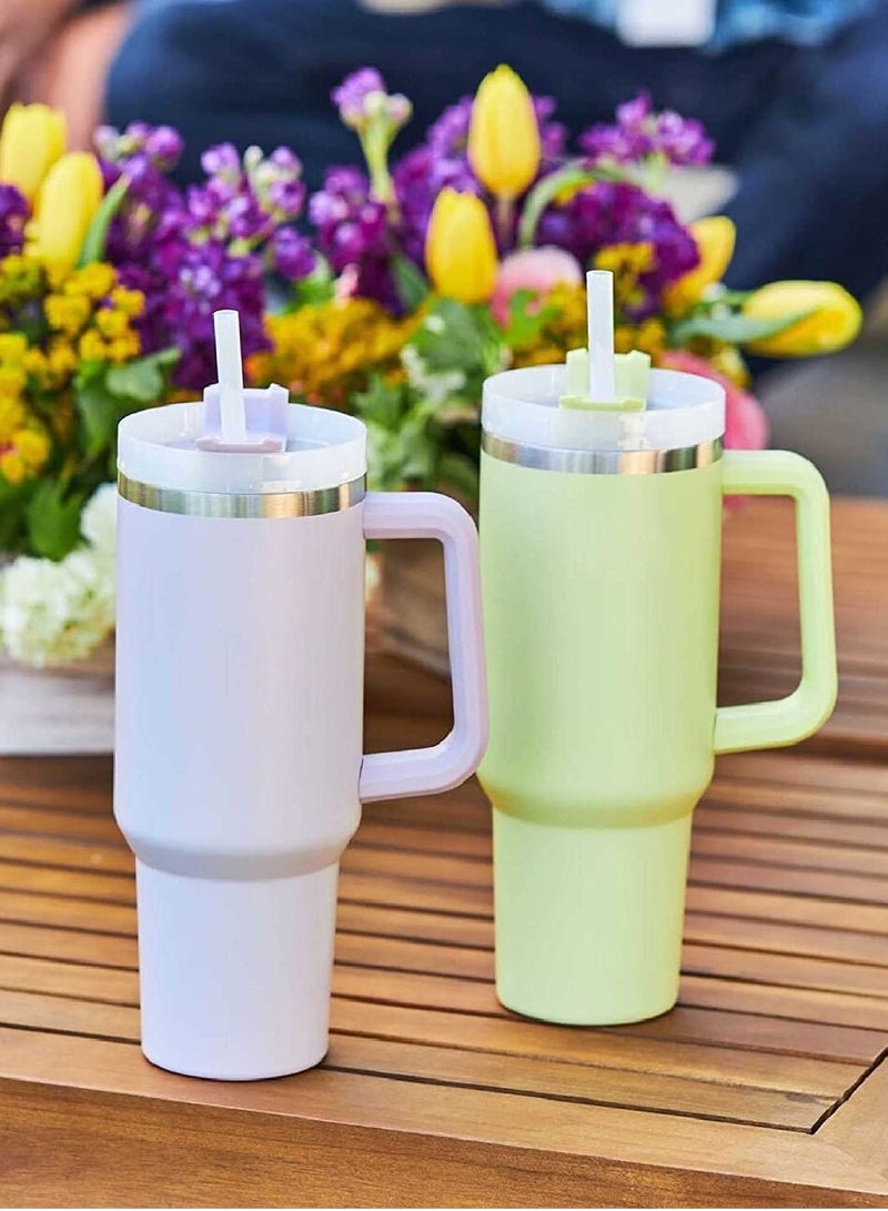 روییيس كوب سفر معزول سعة 40 أونصة مزود بمقبض وقش، كوب ترمس خوائي مزدوج الجدار من الفولاذ المقاوم للصدأ يحافظ على المشروبات باردة وساخنة - Image 2