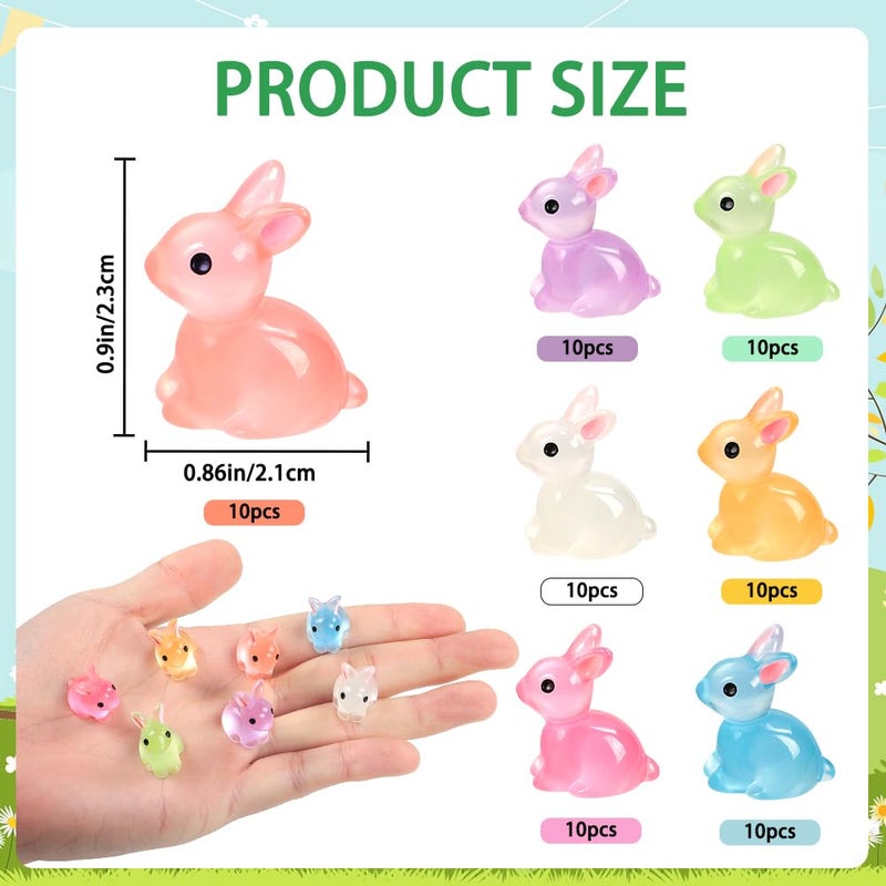 DULEFUN 70pcs Easter Luminous Mini Resin Bunny 7 Colors Little Small Glow in The Dark Rabbit Bunny Figures for Dollhouse Micro Fairy Garden Decor Easter Egg Fillers Party Favors Supplies - Image 2