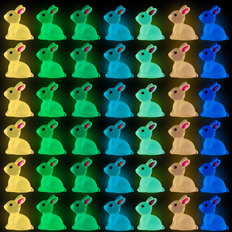 DULEFUN 70pcs Easter Luminous Mini Resin Bunny 7 Colors Little Small Glow in The Dark Rabbit Bunny Figures for Dollhouse Micro Fairy Garden Decor Easter Egg Fillers Party Favors Supplies - Image 1