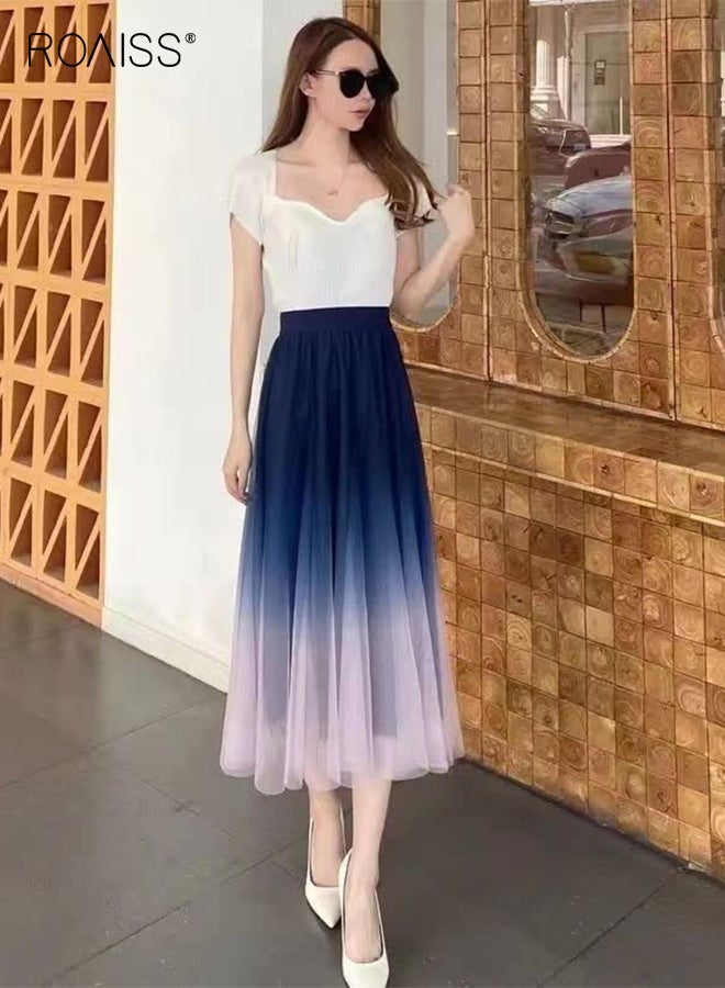 رويس تنورة تول نسائية، تنورة مطوية عالية الخصر، تنورة توتو، تنورة ميدي متعددة الطبقات من التول الشبكي المطرز بالزهور، تنورة صيفية مرنة الخصر على شكل حرف A، تنورة بألوان متدرجة للسيدات - Image 4