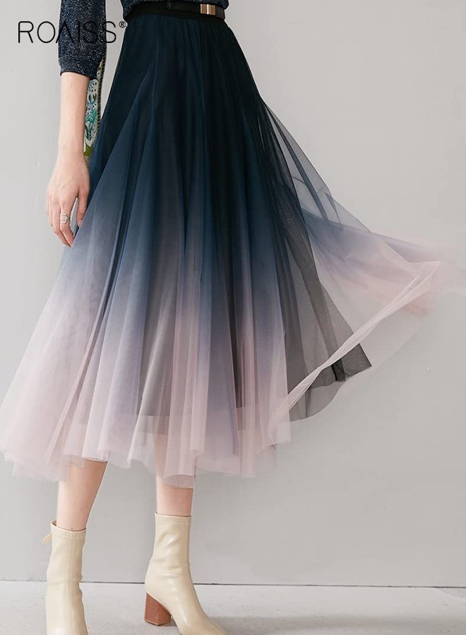 رويس تنورة تول نسائية، تنورة مطوية عالية الخصر، تنورة توتو، تنورة ميدي متعددة الطبقات من التول الشبكي المطرز بالزهور، تنورة صيفية مرنة الخصر على شكل حرف A، تنورة بألوان متدرجة للسيدات - Image 1