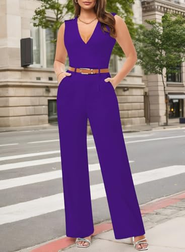 Pink Queen Women's Purple Deep v Neck Loose Long Belted Jumpsuits Rompers L Purple Large - Image 4