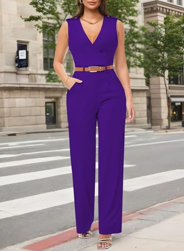 Pink Queen Women's Purple Deep v Neck Loose Long Belted Jumpsuits Rompers L Purple Large - Image 3