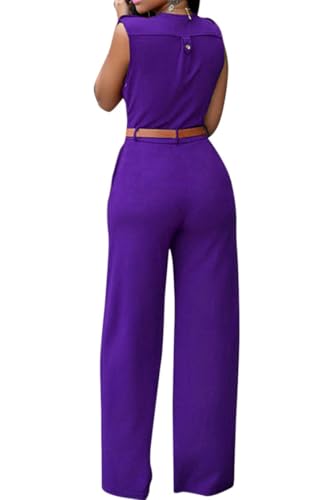 Pink Queen Women's Purple Deep v Neck Loose Long Belted Jumpsuits Rompers L Purple Large - Image 2