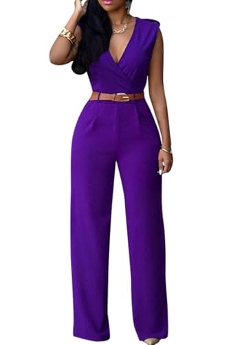 Pink Queen Women's Purple Deep v Neck Loose Long Belted Jumpsuits Rompers L Purple Large - Image 1