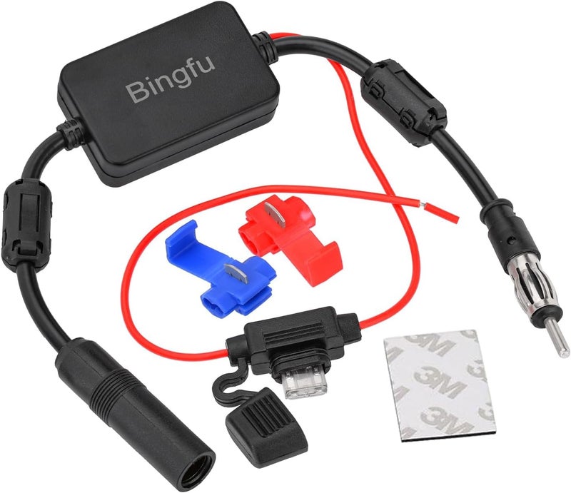 BINGFU Universal Car Stereo FM Radio Antenna Signal Booster Amplifier Amp,12V Power Supply DIN Plug Connector Adapter for Vehicle Truck SUV Car Audio Radio Stereo Media Head Unit Receiver - Image 1