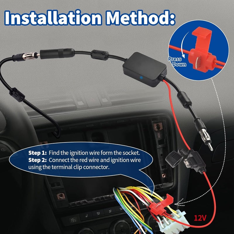 BINGFU Universal Car Stereo FM Radio Antenna Signal Booster Amplifier Amp,12V Power Supply DIN Plug Connector Adapter for Vehicle Truck SUV Car Audio Radio Stereo Media Head Unit Receiver - Image 2