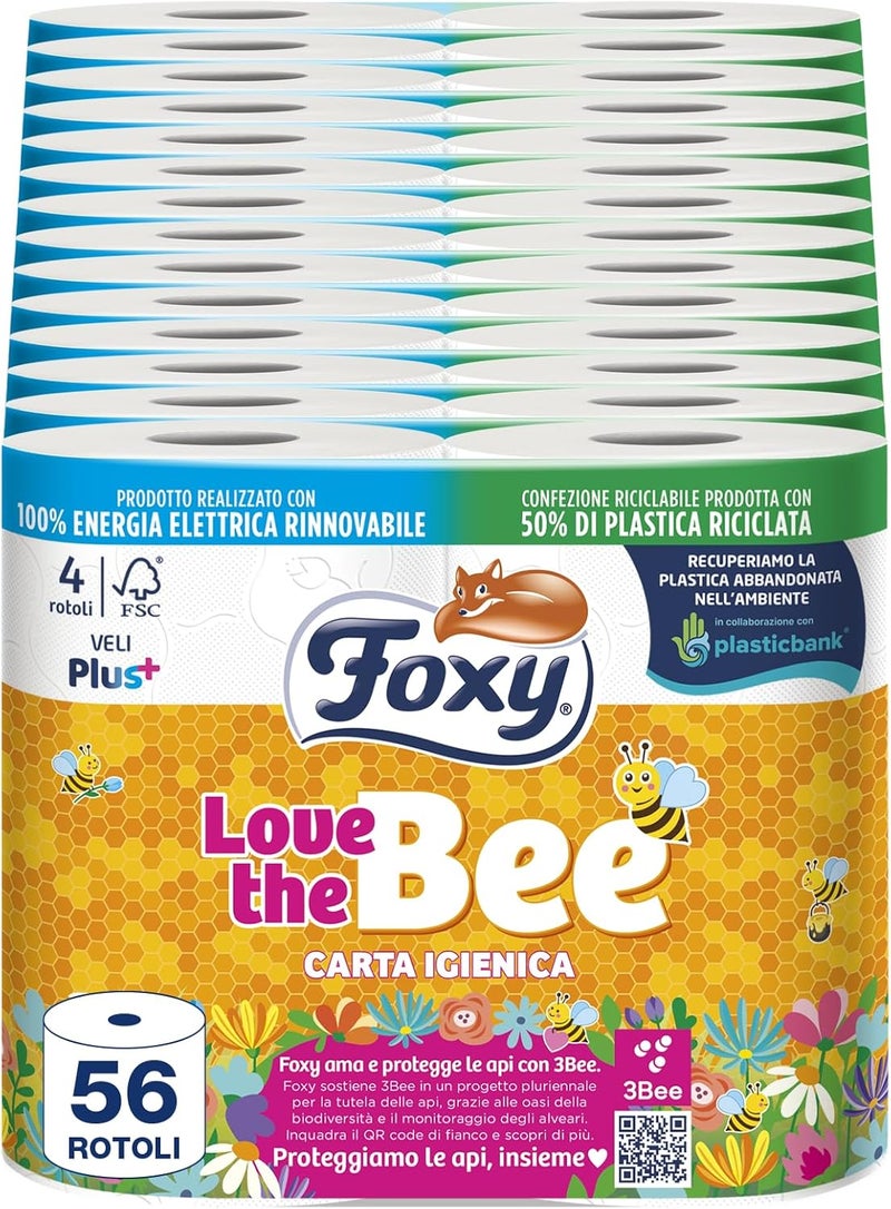Foxy Love The Bee | Toilet Paper 56 Rolls of 225 tears | 2 ply high Thickness | FSC | 100% Renewable Electricity| Recyclable Packaging Made from Recycled Plastic - Image 1