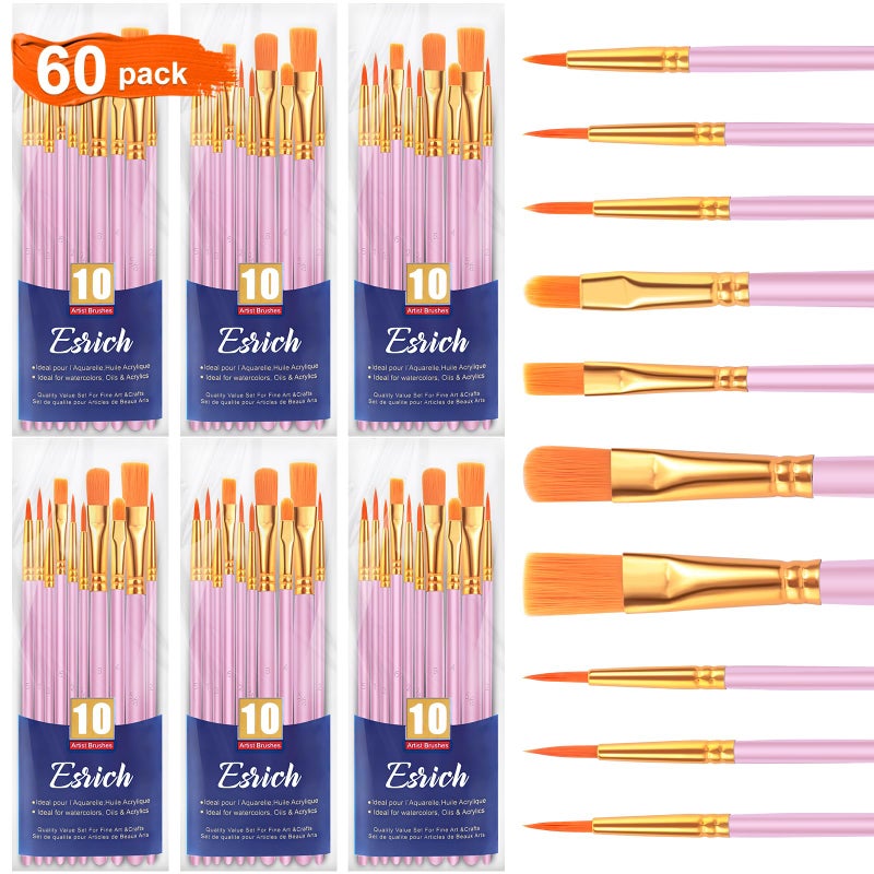ESRICH Paint Brush Set6 Packs 60 Pcs Nylon Hair Paint Brushes for Acrylic PaintingArtist Paintbrushes for AcrylicOilWatercolor PaintingFace Nail ArtPaint Brushes for Kids Pink - Image 3