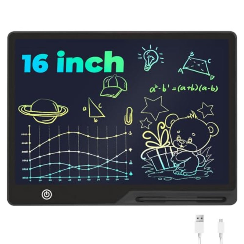 تابلت كتابة إل سي دي لشاشة ملونة مقاس 16 بوصة، لوحة رسم إلكترونية قابلة لإعادة الشحن مع قلم، لوحة كتابة رقمية محمولة قابلة للمسح، هدية للأولاد والبنات - Image 1