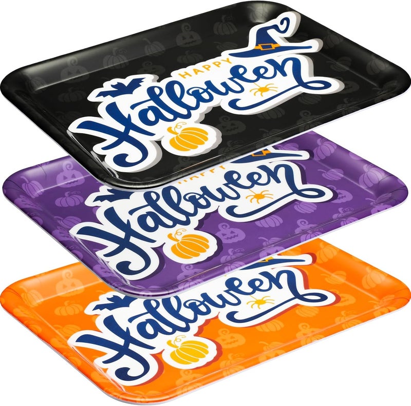 Zubebe Zubebe 3 Pcs 13 x 10 Inch Halloween Serving Tray Reusable Serving Dishes Black Orange Purple Platter Pumpkin Bat Witch Hat Trays Snacks Fruit Dessert Candy Holder Dishes for Halloween Party - Image 1