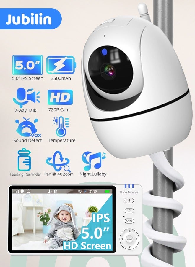 Jubilin 5.0" Baby Monitor, 720P Screen Baby Monitor, 2X Digital Zoom, Two-Way Audio, Temperature Monitoring, Night Vision, Including Camera Stand, VOX Sound Detection, 8 Pieces of Music - Image 1
