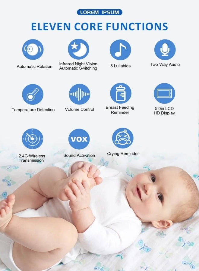 Jubilin 5.0" Baby Monitor, 720P Screen Baby Monitor, 2X Digital Zoom, Two-Way Audio, Temperature Monitoring, Night Vision, Including Camera Stand, VOX Sound Detection, 8 Pieces of Music - Image 2