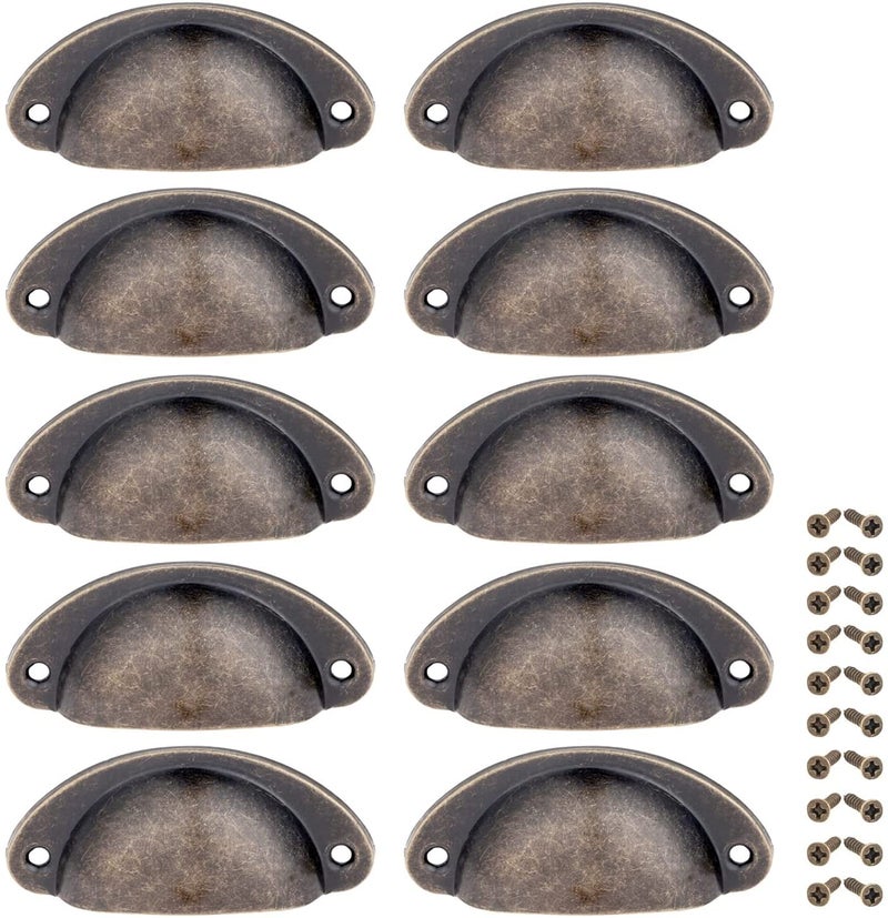 Yetaha 10PCS Antique Cabinet Cup Handles Brass Drawer Pulls Vintage Shell Shape Knobs for Dresser Cupboard Kitchen Furniture Decoration with Screws Antique Bronze