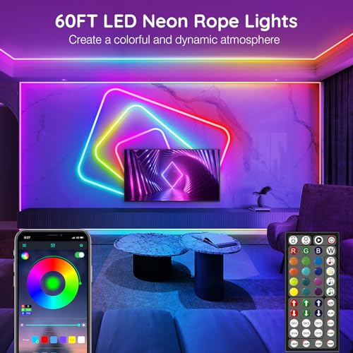 SINLEY Led Neon Rope Lights 60FT,Control with App/Remote,Flexible Led Rope Lights,Multiple Modes,IP68 Outdoor RGB Neon Lights Waterproof,Music Sync Gaming Led Strip Lights for Bedroom Indoor - Image 2