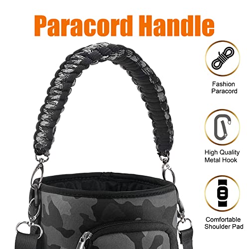 AceTreker 64 oz /87 oz/128 oz Neoprene Insulated Water Bottle Carrier Bag, Sling Bag Sleeve Pouch Holder with Adjustable Shoulder Strap & Paracord Handle and 2 Pocket for Traveling, Camping-Gray Camo - Image 3
